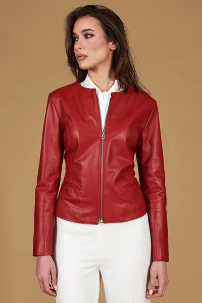 D'arienzo Red Nappa Lamb Leather Jacket Round Collar In Multi