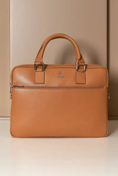 D'arienzo Tan 24h Briefcase In Saffiano Calf Leather With Zip Pocket In Brown