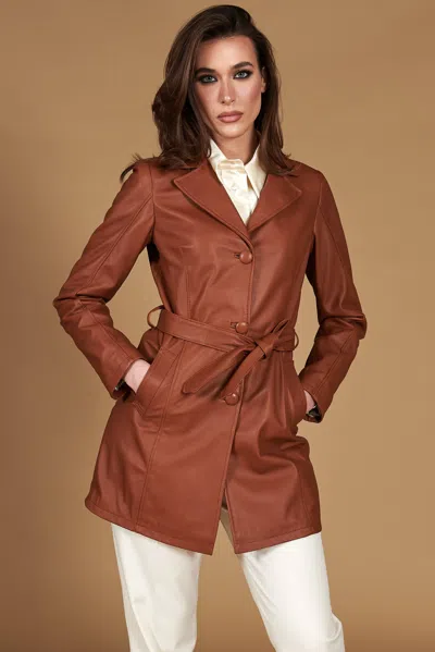 D'arienzo Tan Belted Nappa Lamb Leather Coat Jacket Collar In Multi
