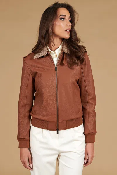 D'arienzo Tan Lamb Leather Bomber Aviator Vintage Jacket In Brown