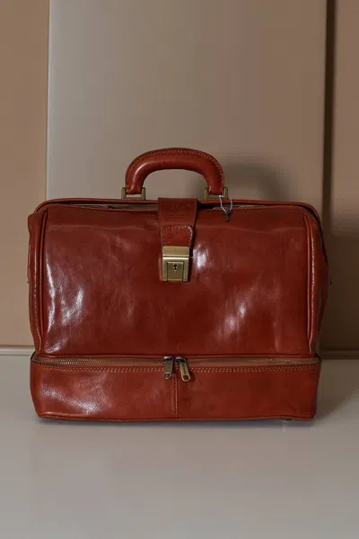 D'arienzo Tan Leather Doctor Bag With Push Button And Key Closure In Brown