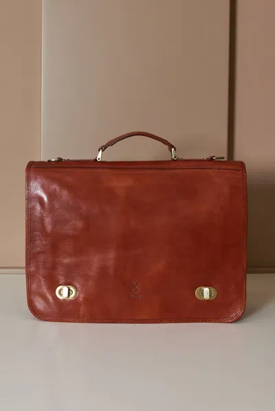 D'arienzo Tan Leather Messenger Briefcase Shoulder Strap In Brown