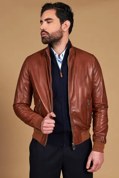 D'arienzo Tan Natural Lamb Leather Bomber Jacket Smooth Aspect In Brown