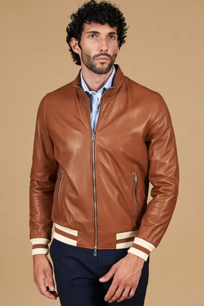 D'arienzo Tan Natural Lamb Leather Bomber Jacket Smooth Aspect In Brown