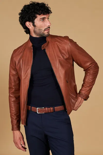 D'arienzo Tan Natural Leather Biker Jacket Smooth Effect Korean Collar In Multi