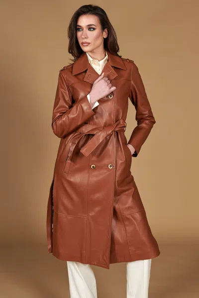 D'arienzo Tan Natural Leather Double-breasted Coat Both Sides Rips In Brown