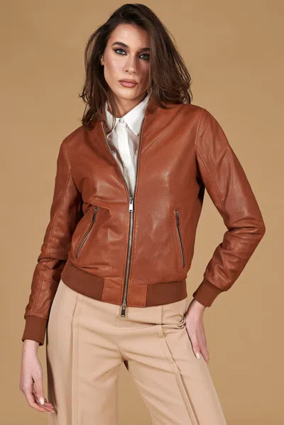 D'arienzo Tan Perforated Lamb Leather Bomber Jacket In Multi