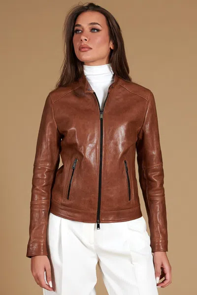 D'arienzo Tan Pull Up Lamb Leather Biker Jacket Two Pockets