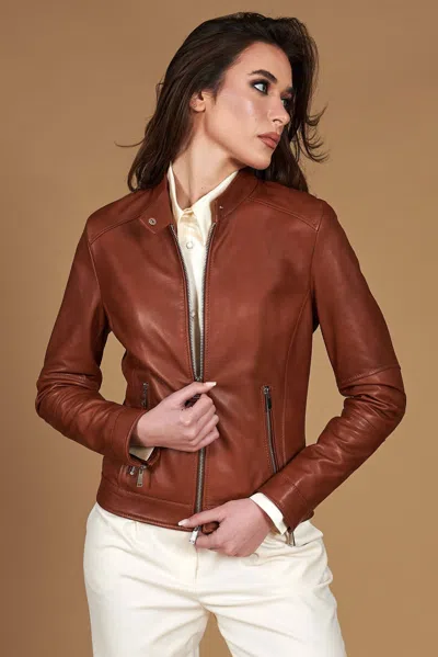 D'arienzo Tan Pull Up Lamb Leather Biker Jacket Two Pockets In Brown