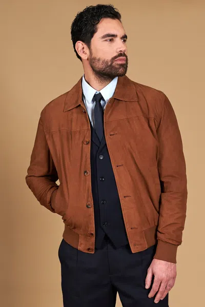 D'arienzo Tan Suede Lamb Leather Bomber Jacket With Buttons