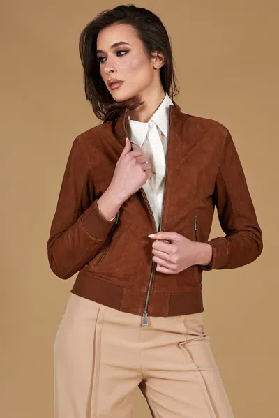 D'arienzo Tan Suede Leather Bomber Jacket And Merinos Wool In Brown