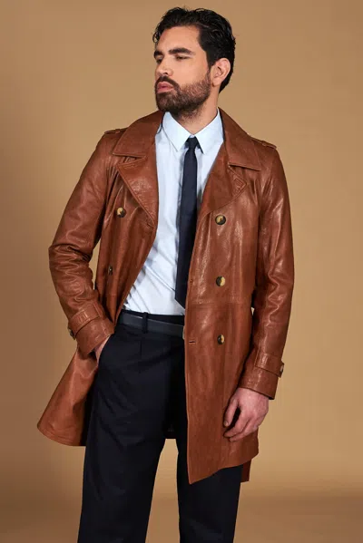 D'arienzo Tan Vintage Leather Coat Double-breasted With Belt In Multi