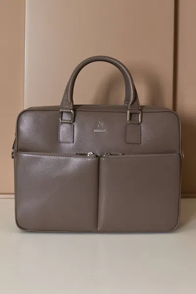 D'arienzo Taupe 24h Briefcase In Saffiano Calf Leather With Double Pocket In Brown