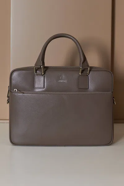 D'arienzo Taupe 24h Briefcase In Saffiano Calf Leather With Zip Pocket In Gray