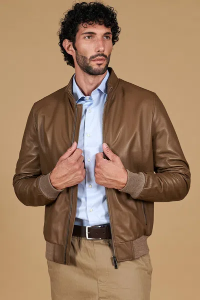 D'arienzo Taupe Nappa Lamb Leather Bomber Jacket Smooth Effect