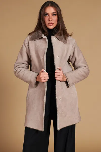 D'arienzo Taupe Shearling Leather Coat Shirt Collar In Nude