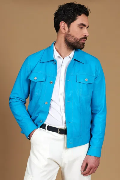 D'arienzo Turquoise Suede Leather Biker Jacket With Buttons And Shirt Collar In Blue