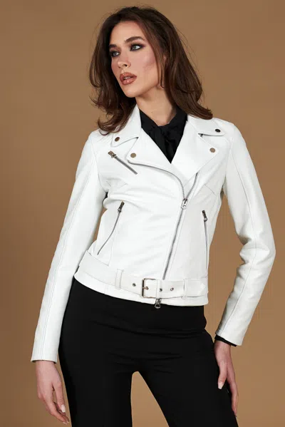 D'arienzo White Belted Nappa Lamb Leather Biker Jacket