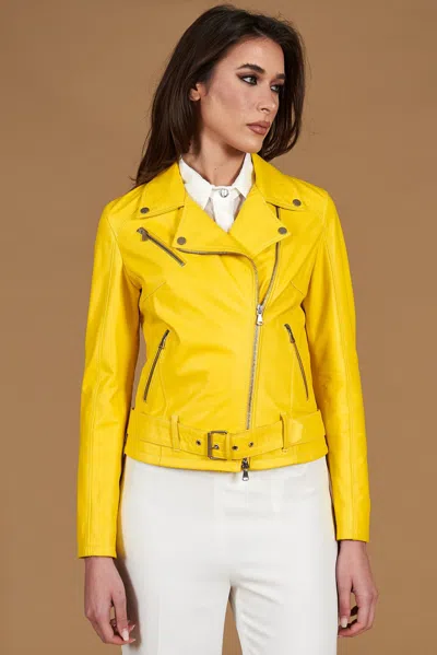 D'arienzo Yellow Belted Nappa Lamb Leather Biker Jacket