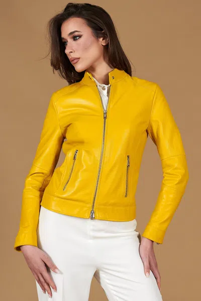 D'arienzo Yellow Nappa Lamb Leather Biker Jacket Smooth Aspect