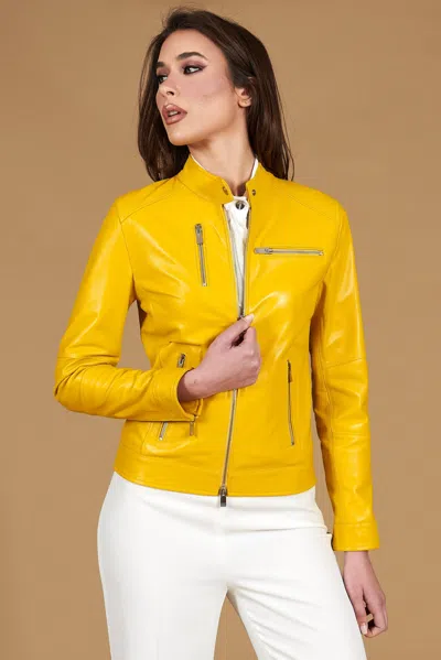 D'arienzo Yellow Natural Lamb Leather Biker Jacket Smooth Aspect