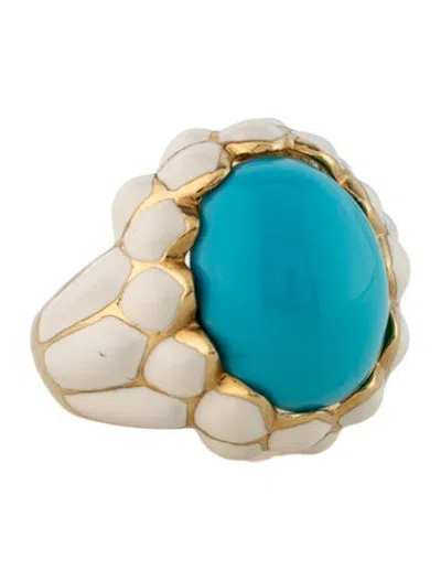 Pre-owned David Webb 18k Turquoise & Enamel Cocktail Ring In White