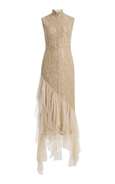 De La Vali Exclusive Isua Tulle-trimmed Metallic-lace Midi Dress In Neutral