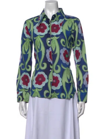 Pre-owned De Loreta Floral Print Long Sleeve Button-up Top In Blue