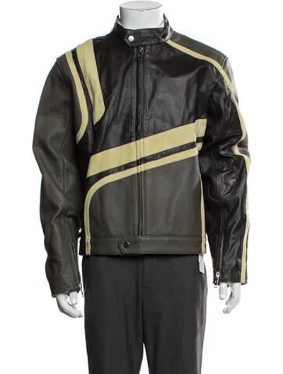 Pre-owned Deadwood Lamb Leather Colorblock Pattern Moto Jacket In Green