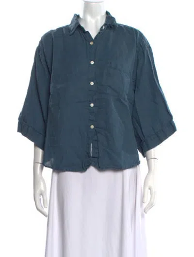 Pre-owned Deiji Studios Linen Three-quarter Sleeve Button-up Top In Blue