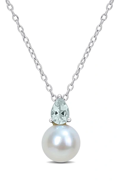 Delmar Aquamarine & Freshwater Pearl Pendant Necklace In Blue