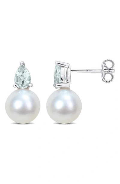 Delmar Aquamarine & Freshwater Pearl Stud Earrings In Blue