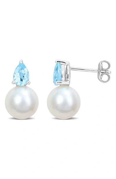 Delmar Blue Topaz & Freshwater Pearl Stud Earrings In Gold