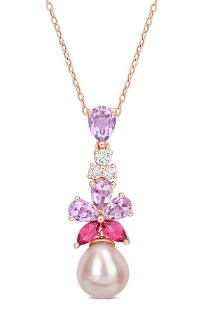 Delmar Cultured Freshwater Pearl & Pink Stone Pendant Necklace In Gold