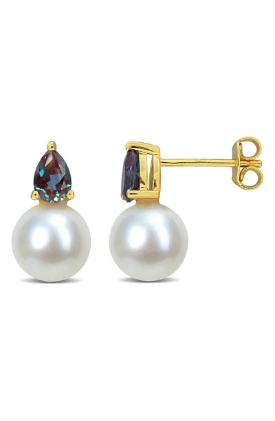 Delmar Lab Created Alexandrite & Freshwater Pearl Stud Earrings In Gold