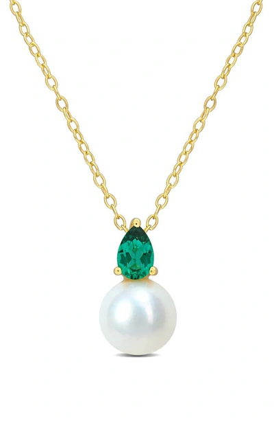 Delmar Lab Created Emerald & Freshwater Pearl Pendant Necklace In Gold