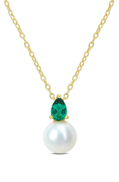 Delmar Lab Created Emerald & Freshwater Pearl Pendant Necklace In Green