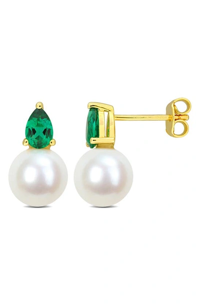 Delmar Lab Created Emerald & Freshwater Pearl Stud Earrings In Gold