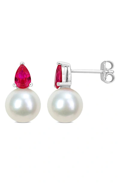 Delmar Lab Created Ruby & Freshwater Pearl Stud Earrings In Metallic