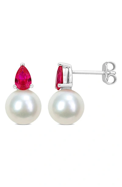 Delmar Lab Created Ruby & Freshwater Pearl Stud Earrings In Red