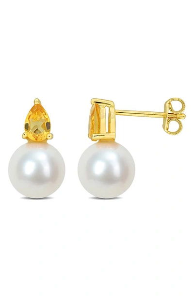 Delmar Pear Cut Citrine & 8.5–9mm Cultured Pearl Stud Earrings In Yellow
