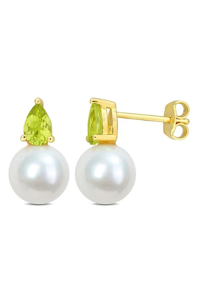 Delmar Peridot & Freshwater Pearl Stud Earrings In Gold