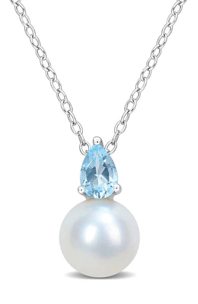 Delmar Sky Blue Topaz & Freshwater Pearl Pendant Necklace In Metallic