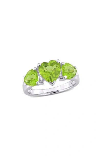 Delmar Sterling Silver Heart Cut Trio Peridot Ring In Green