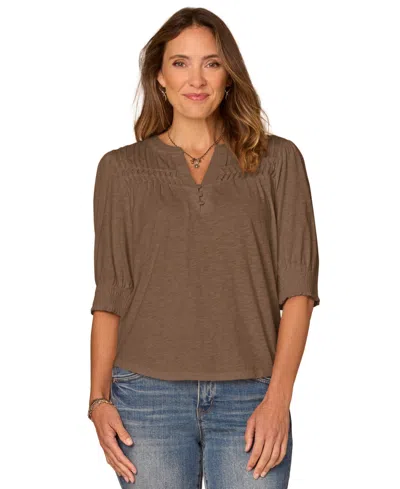 Democracy Petite Blouson-sleeve Mandarin Collar Knit Top In Brown