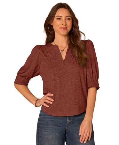 Democracy Petite Blouson-sleeve Mandarin Collar Knit Top In Burgundy
