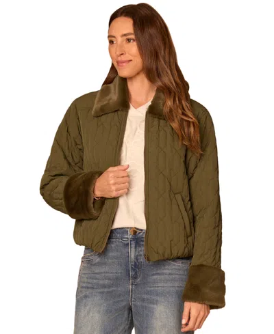 Democracy Petite Quilted Faux Fur Jacket In Green