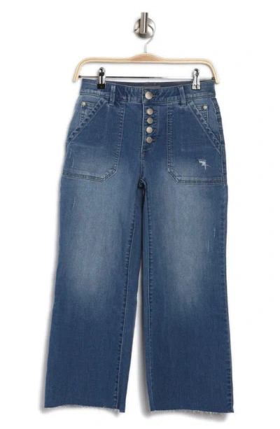 Democracy Raw Hem Exposed Button Crop Wide Leg Jeans In Blue