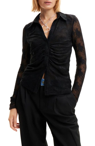 Desigual Abata Floral Mesh Button-up Shirt In Black