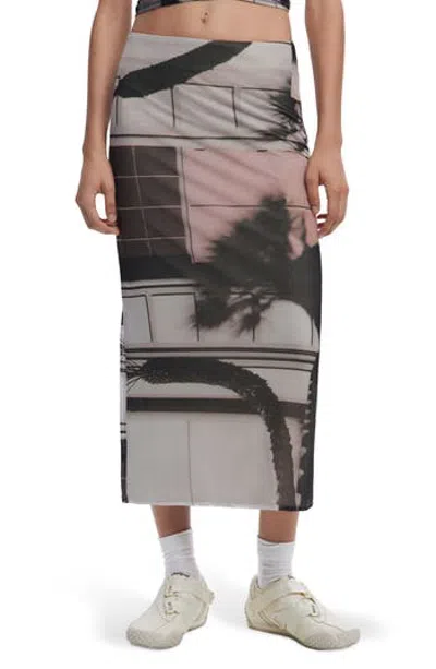 Desigual Abstract Print Mesh Midi Skirt In White